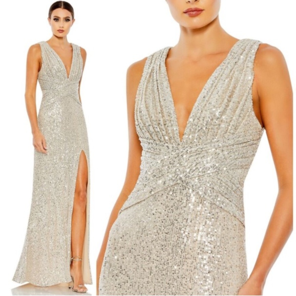 Mac Duggal Champagne Nude Silver Maxi Sequin V Neck Sleeveless Slit Dress 26598